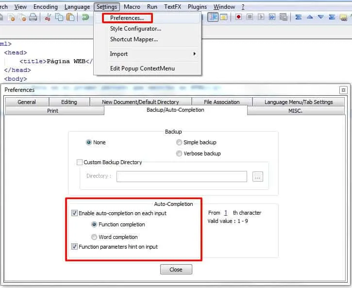 Activar autocompletar en Notepad++