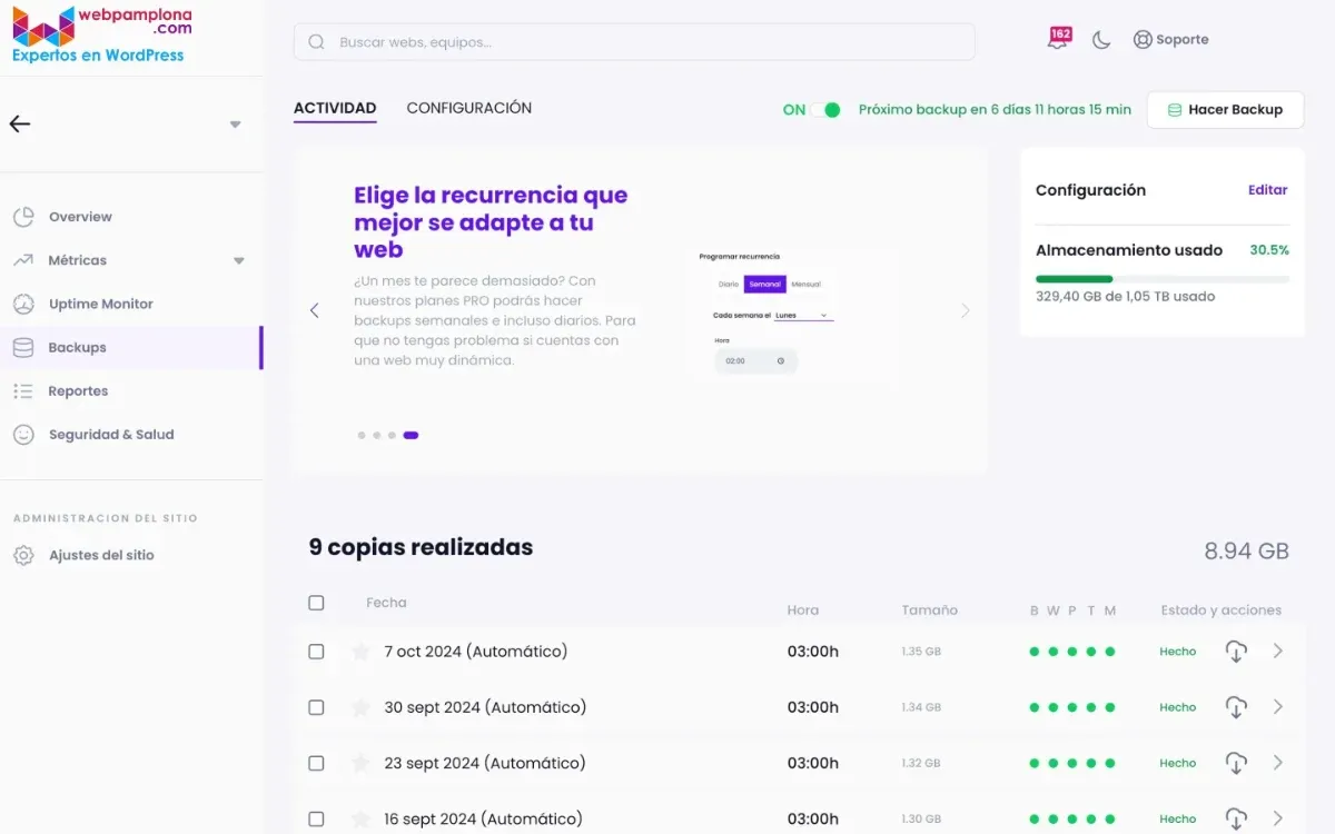 Copias de seguridad diarias de tu web para evitar problemas de pérdida de información o hackeos.